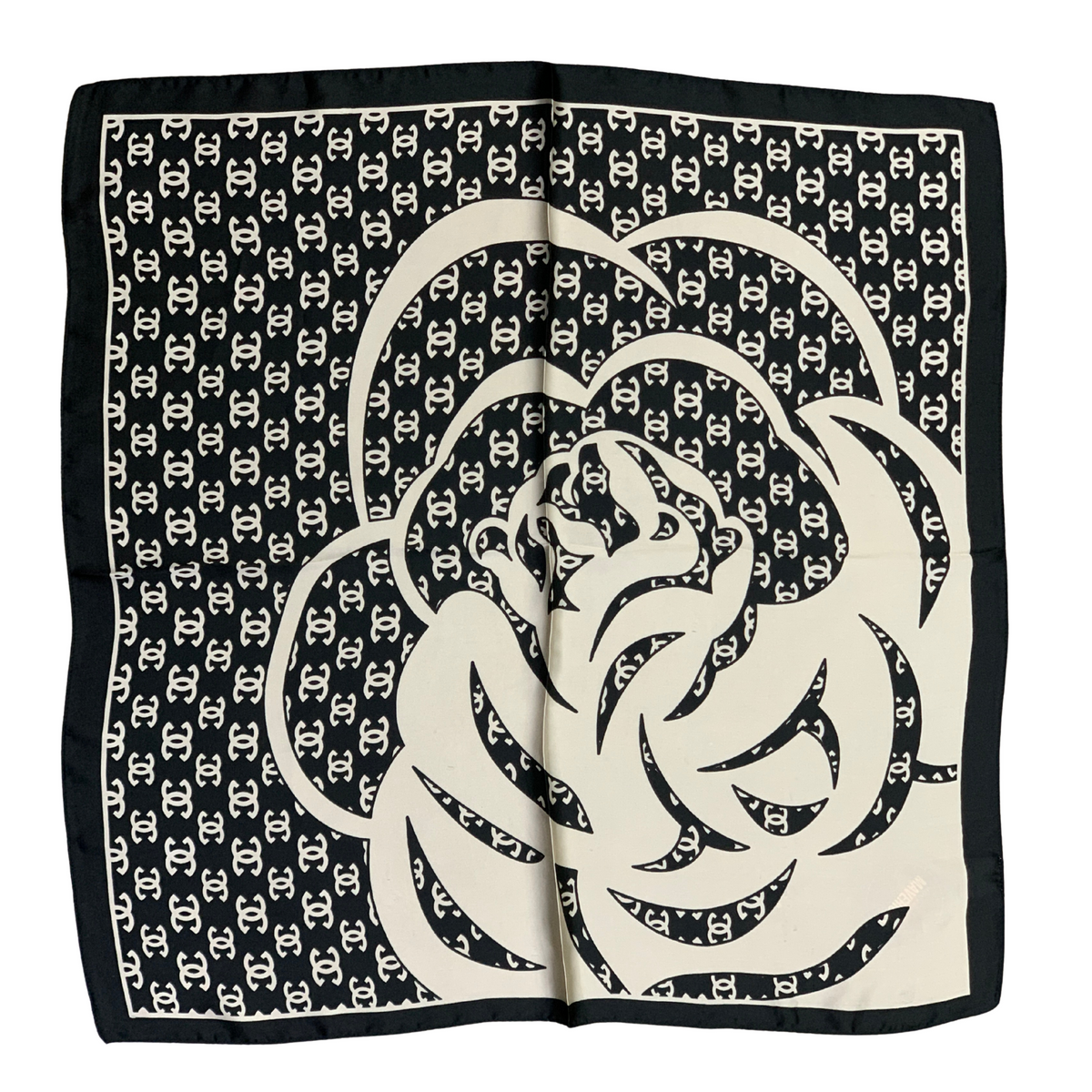 Rose Pattern Designer Silky Scarf. Designer scarf with brand logo and abstract design on a white background