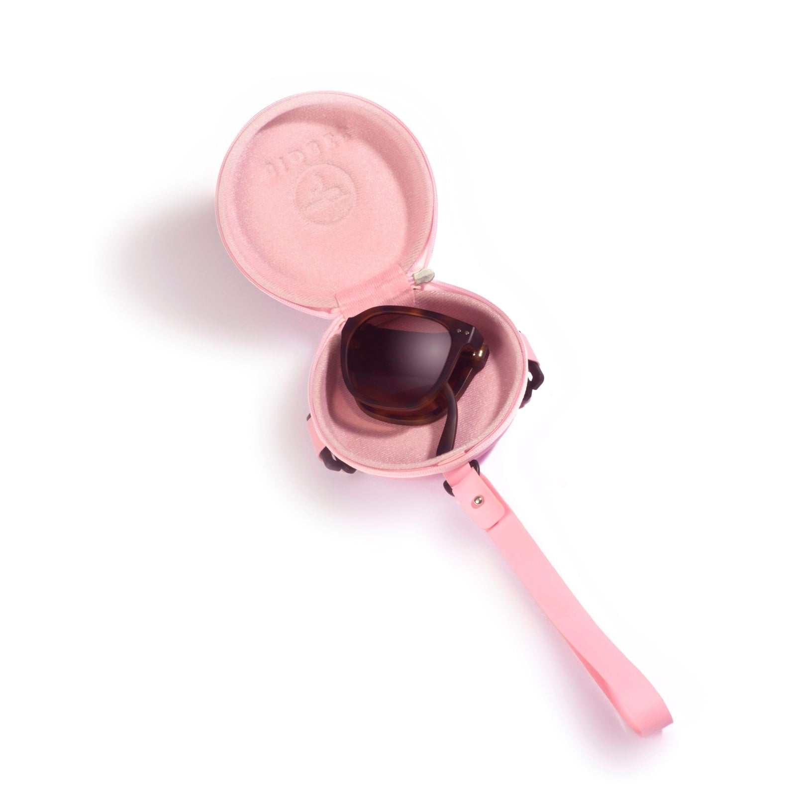 Pink sunglasses case with sunglasses inside on a white background