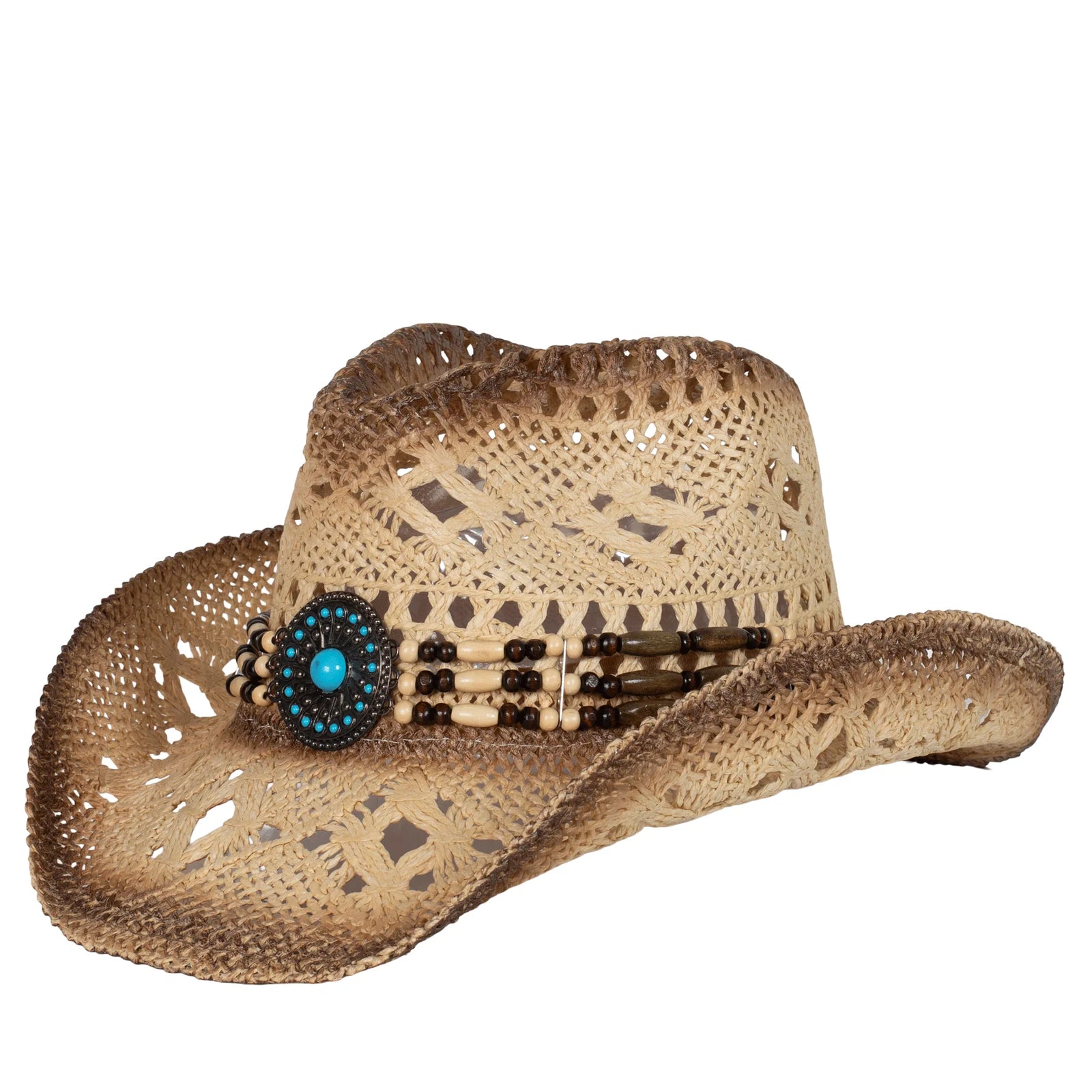 Straw cowboy hat with decorative elements on a white background