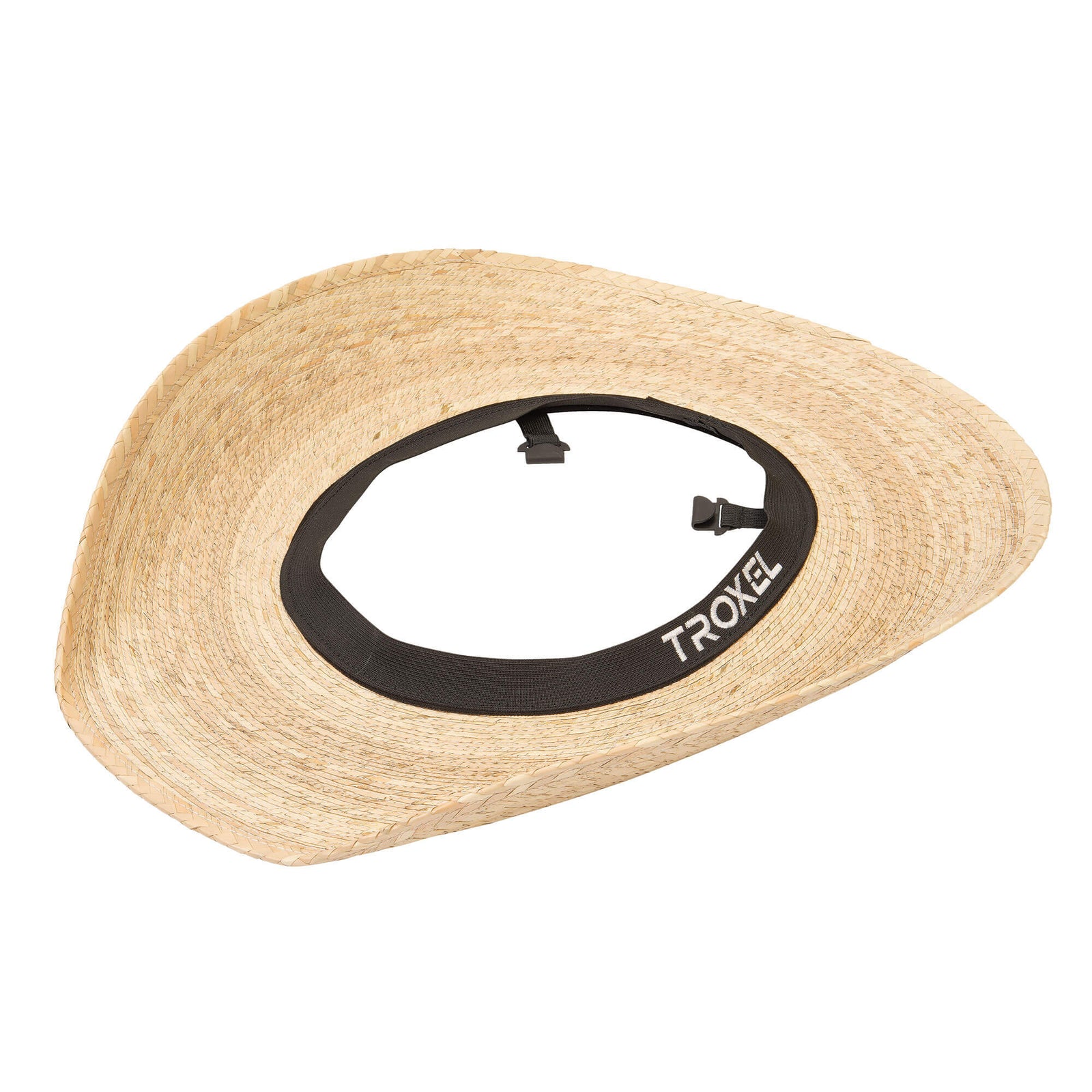Troxel Palm Leaf Straw 4.5" Helmet Brimmer. A beige palm leaf brimmer with Troxel branding on a black helmet attachment ring.