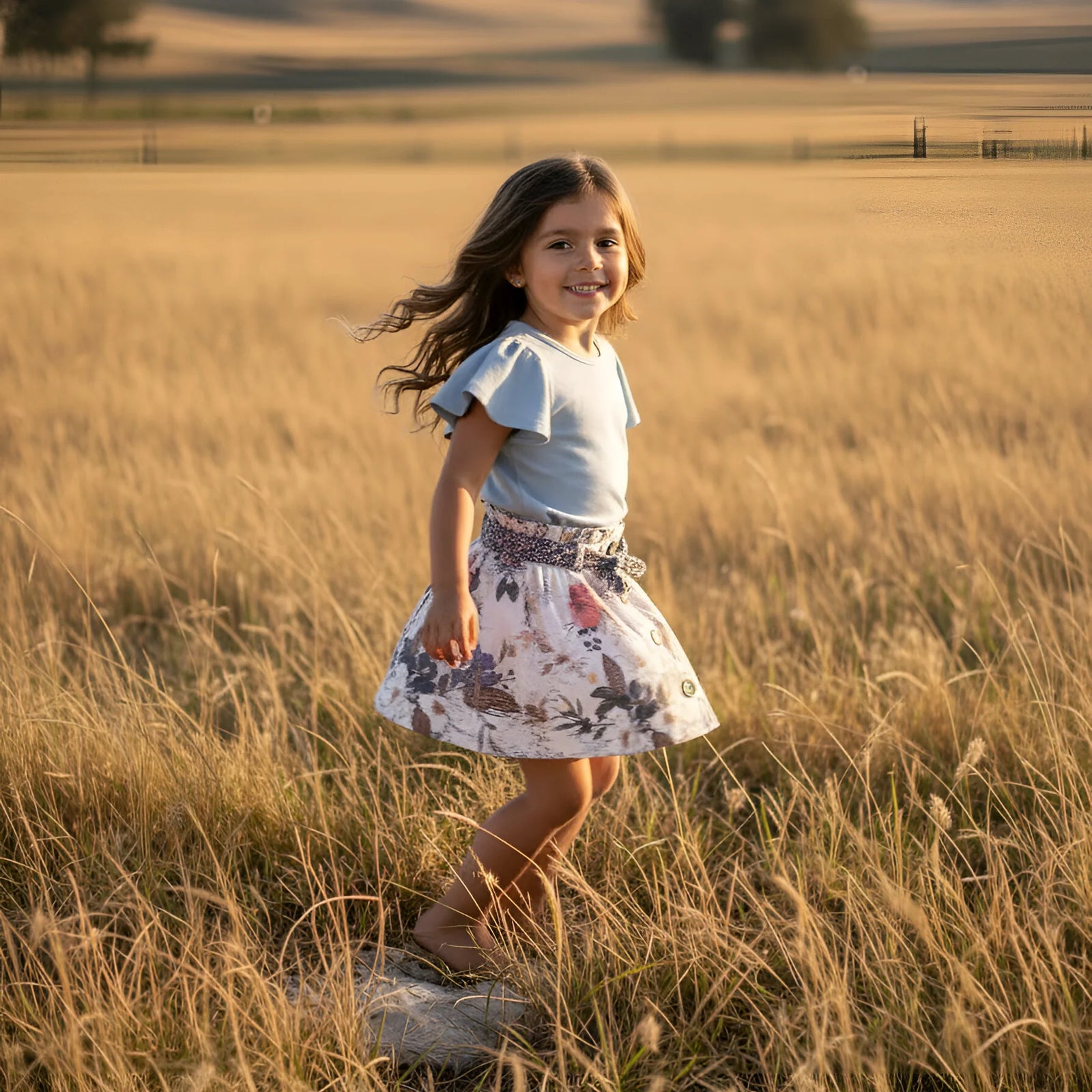 A young girl with long brown hair stands in a golden grassy field at sunset, wearing a light blue short-sleeve top and a white floral skirt with a patterned waistband.