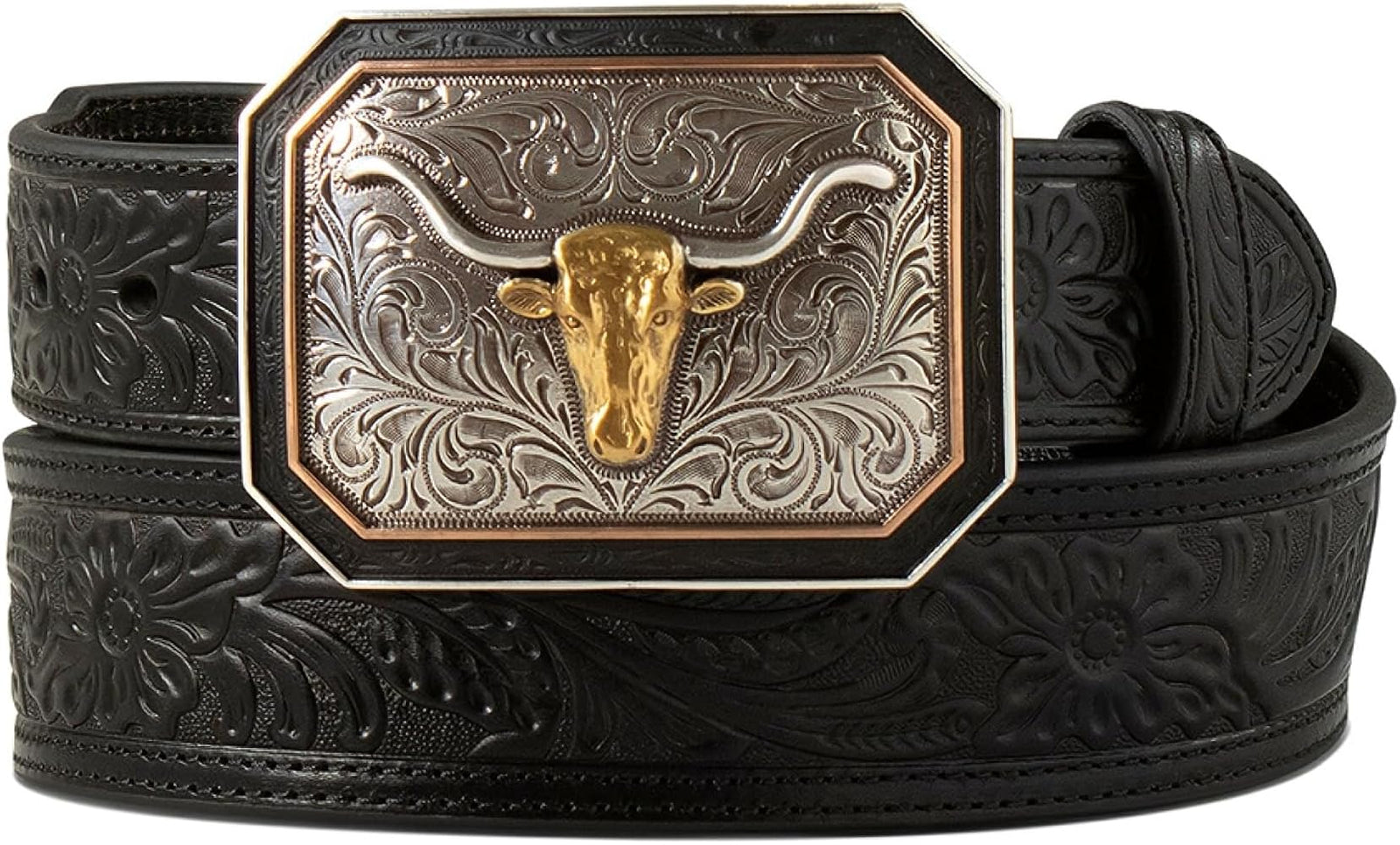 Black leather belt with a decorative buckle featuring a longhorn bull design.