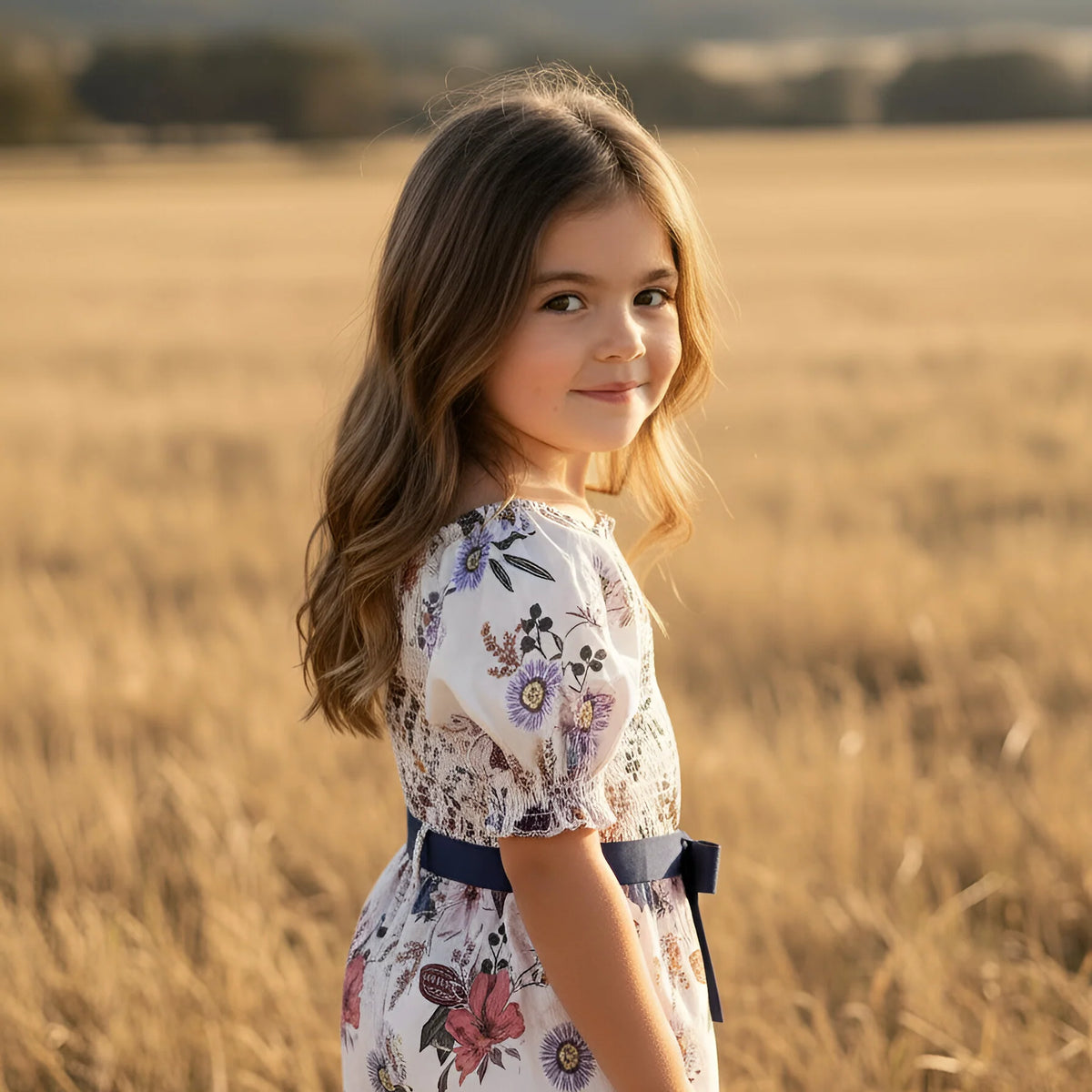 Young girl in a floral dress standing in a field with mountains in the background