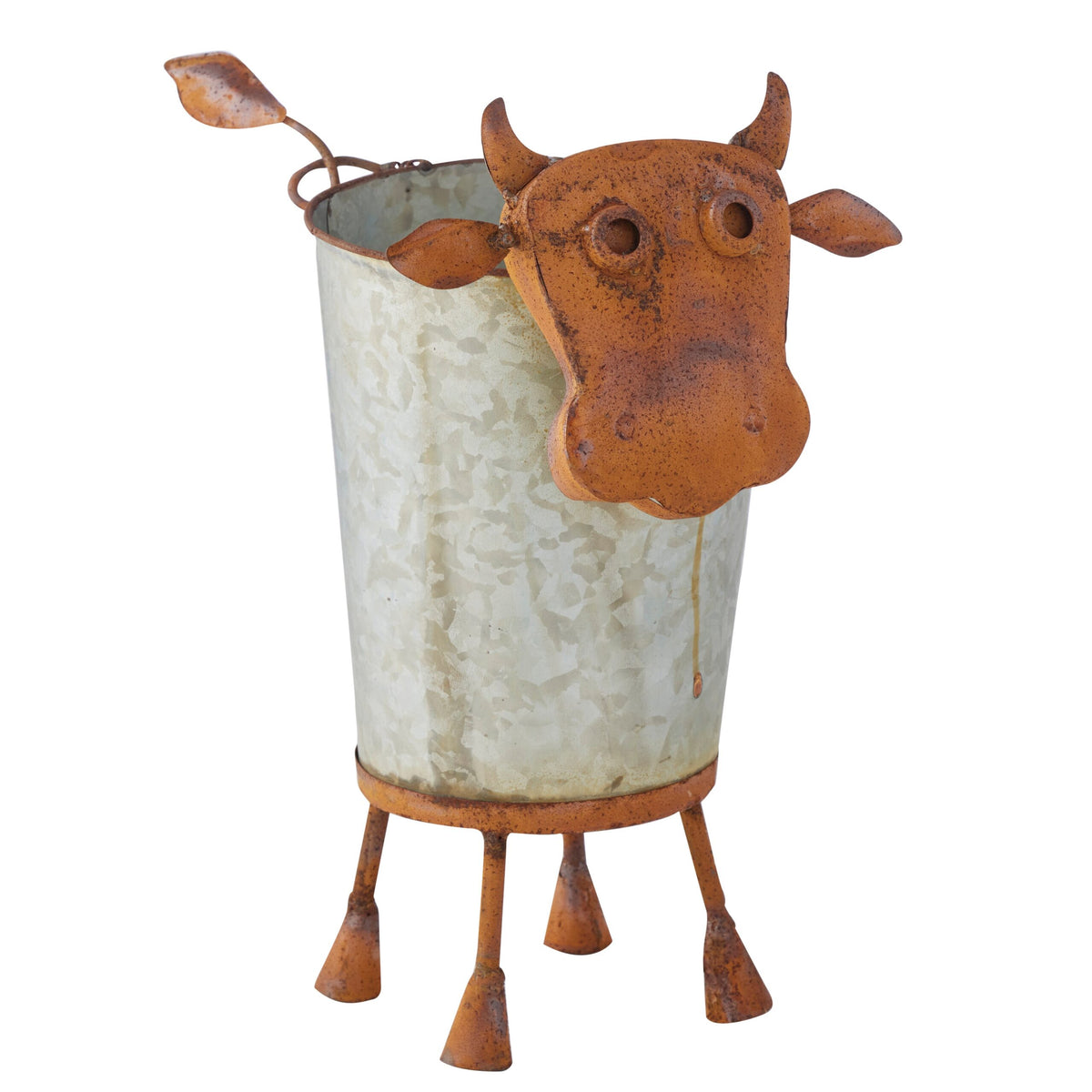 A rustic metal cow-shaped planter with a galvanized silver body, weathered rust-orange cow head and legs, and a small leaf detail on the rim, shown on a plain white background.