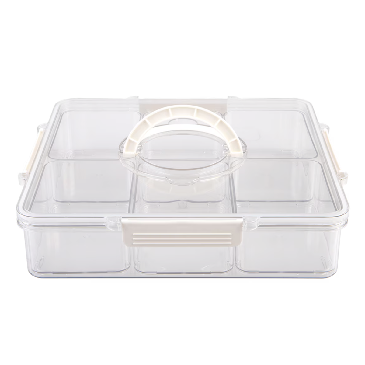 A clear plastic multi-compartment organizer box with a hinged lid, cream-colored handle, and side handles, shown on a plain white background.