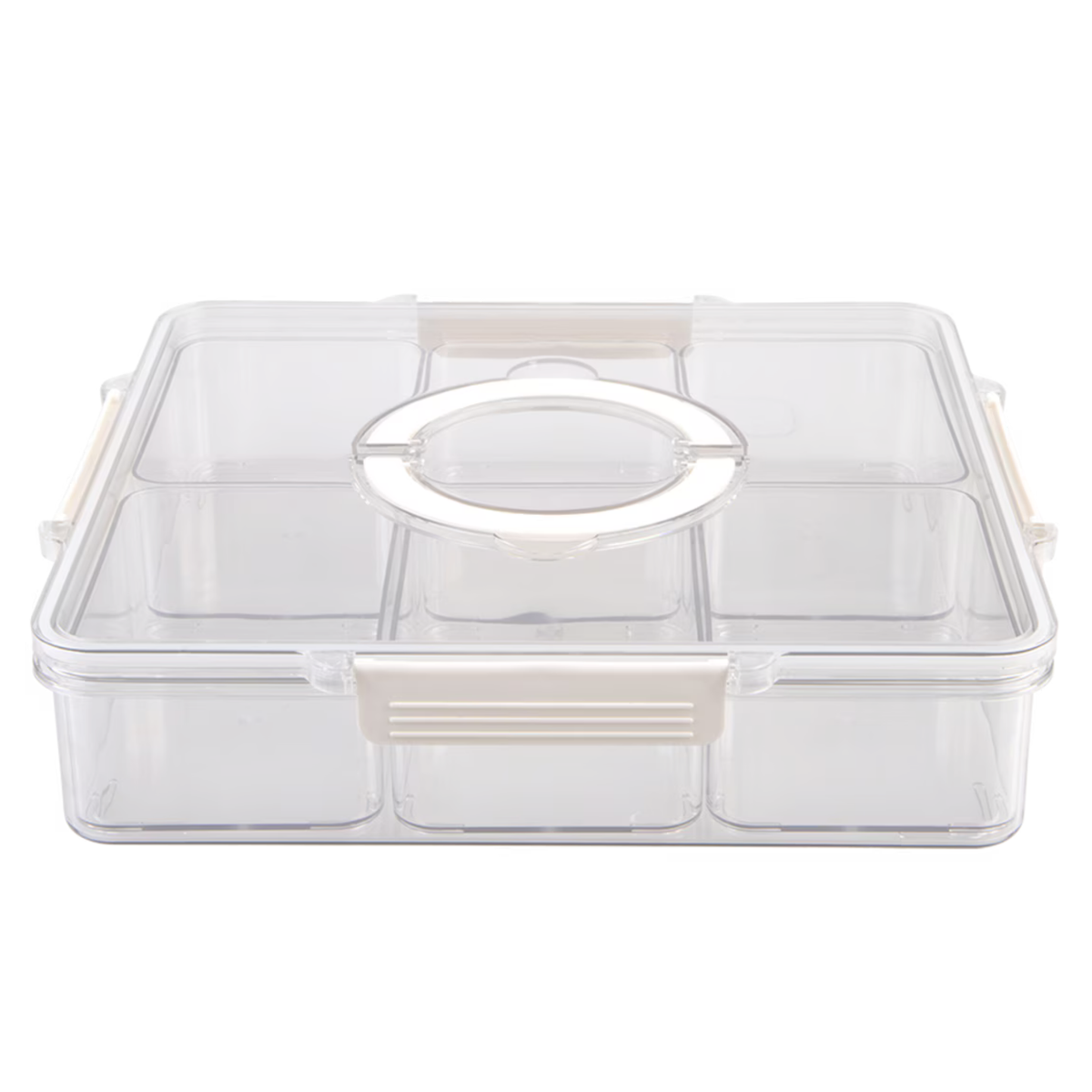 A clear plastic multi-compartment organizer box with a hinged lid and beige plastic latch details, shown on a solid white background.