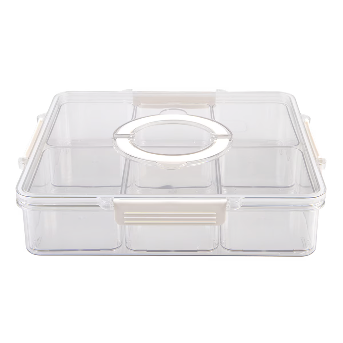 Clear plastic storage box with compartments on a white background