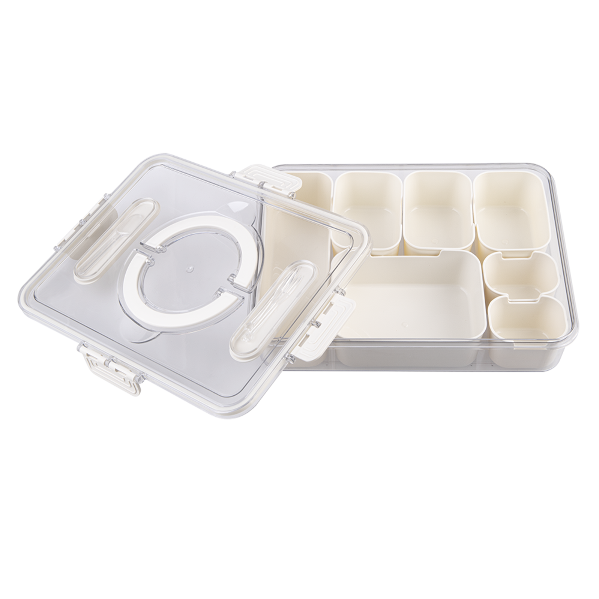 Pizzazz Rectangular 7 Comaprtment Grazing Box w/ Carry Handles & Food Picks. Clear plastic container with a white circular object inside on a white background
