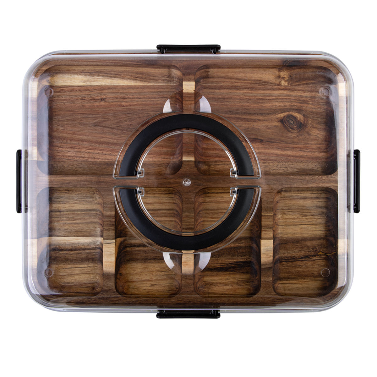 Alfresco Lane Acacia Wood 6 Compartment Rectangular Grazing Platter with Lid. Wooden case with clear lid on a white background