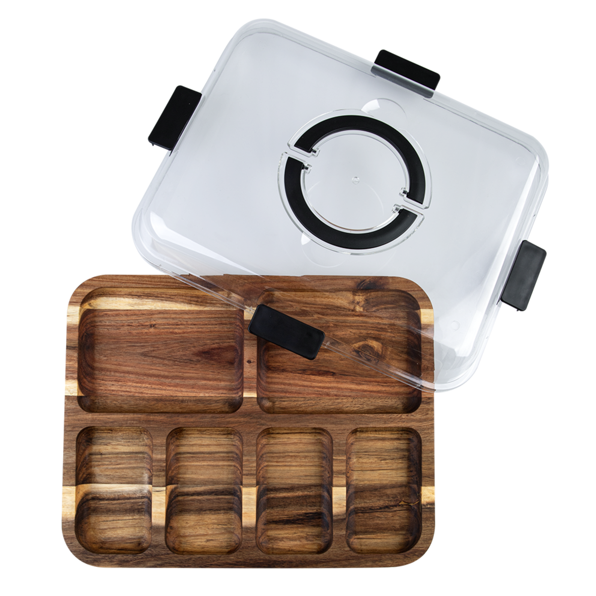 Alfresco Lane Acacia Wood 6 Compartment Rectangular Grazing Platter with Lid. Wooden tray with clear lid on a white background