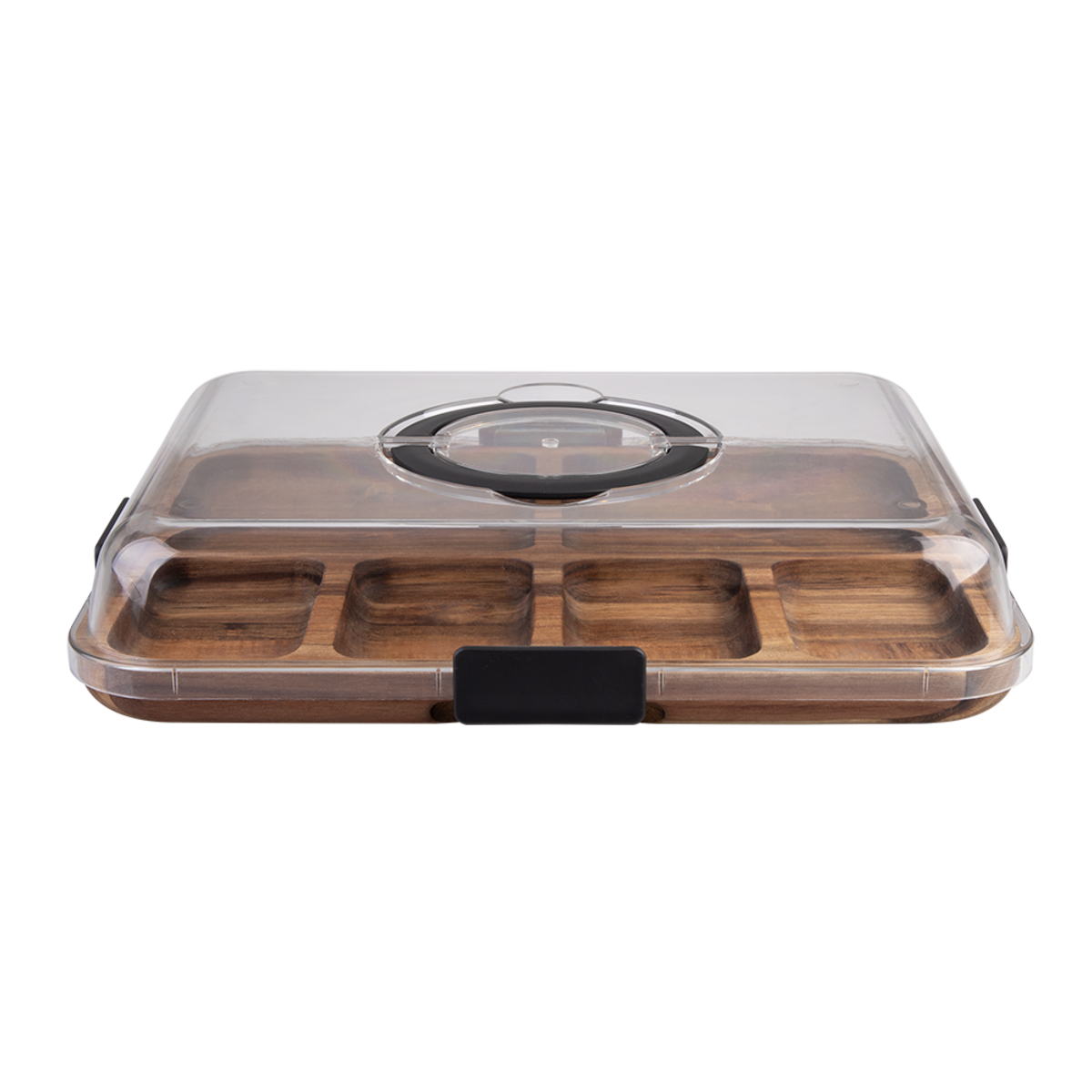 Alfresco Lane Acacia Wood 6 Compartment Rectangular Grazing Platter with Lid. Wooden tray with clear lid on a white background