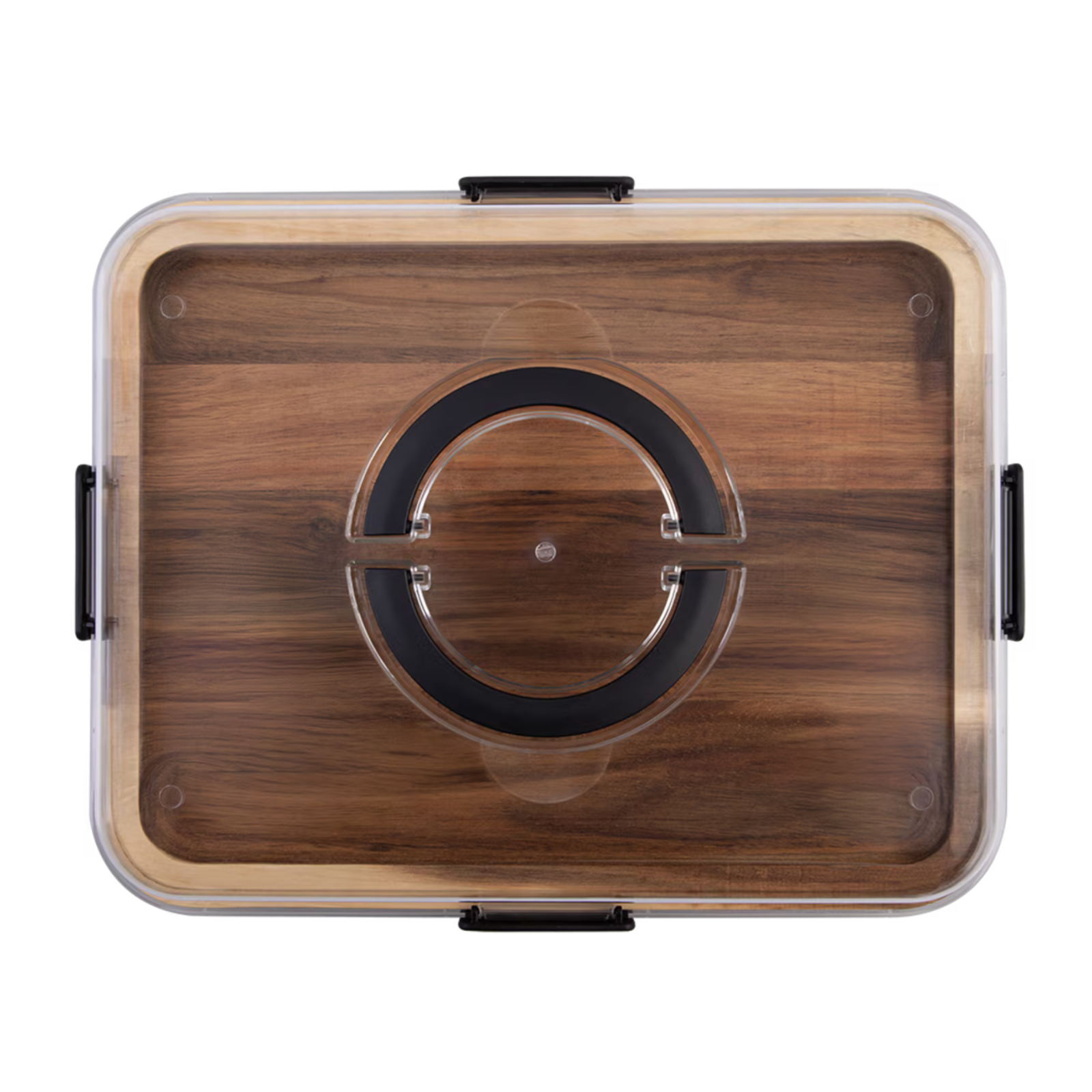 A rectangular glass storage container with a clear lid, a brown wood-grain base, and black plastic handles and latch closures, shown on a plain white background.