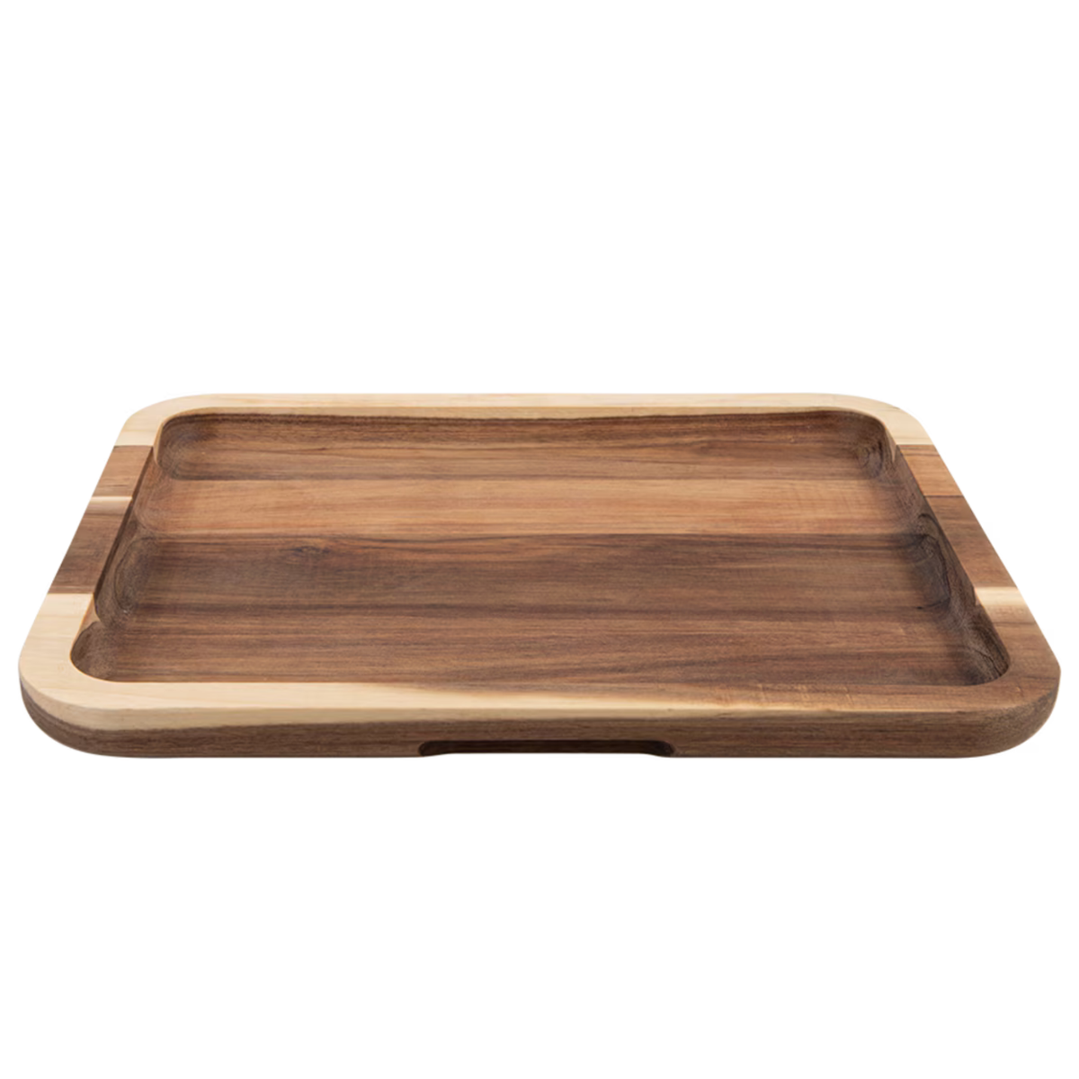 A rectangular wooden serving tray with a dark brown center and a lighter natural wood rim, shown on a plain white background.