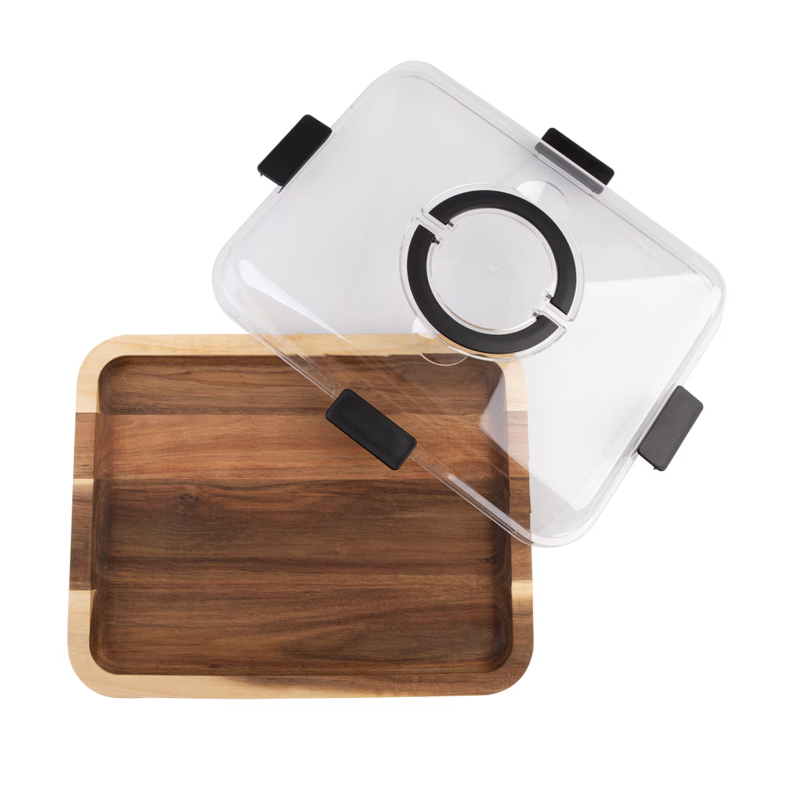 A rectangular wooden serving tray with rounded corners and a clear plastic lid featuring black silicone corner grips and a circular black accent, shown on a white background.