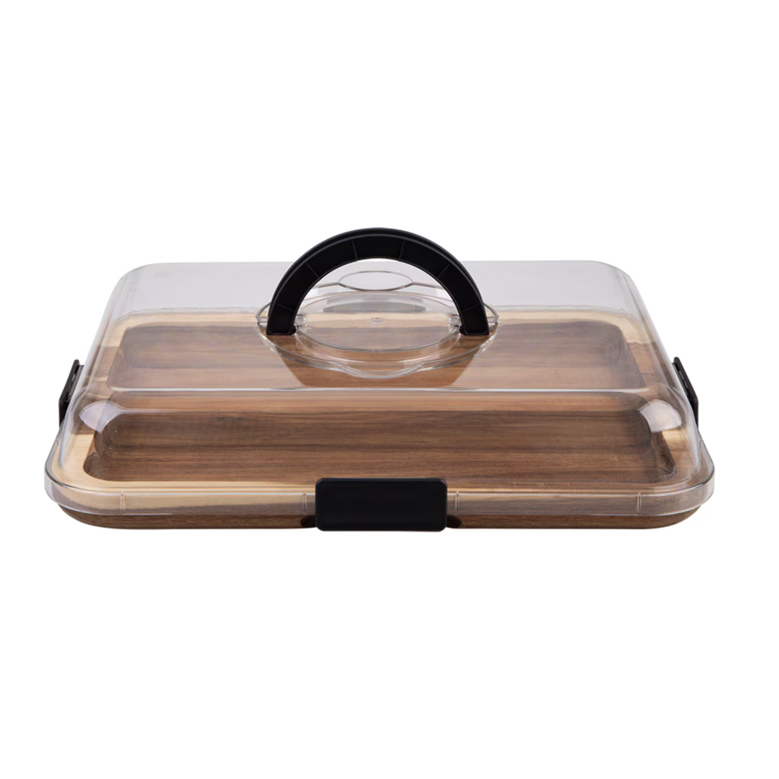 A rectangular glass storage container with a clear lid, a brown wood-grain base, and black plastic handles and latch closures, shown on a plain white background.
