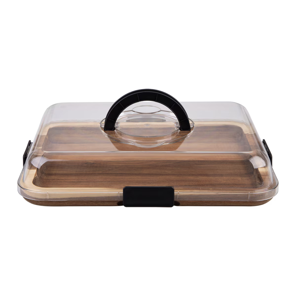 A rectangular clear plastic storage container with a transparent lid, a black top handle, and a black front latch, shown on a plain white background.