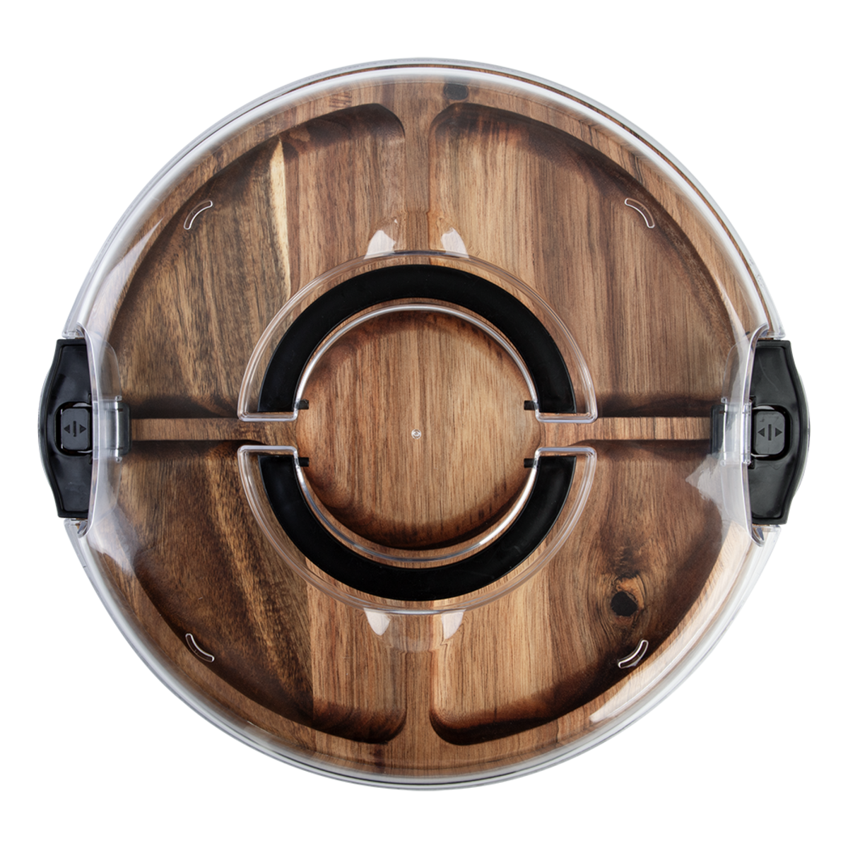 Alfresco Lane Acacia Wood 5 Compartment Round Grazing PLatter with Lid. Wooden cutting board with clear plastic lid on a white background