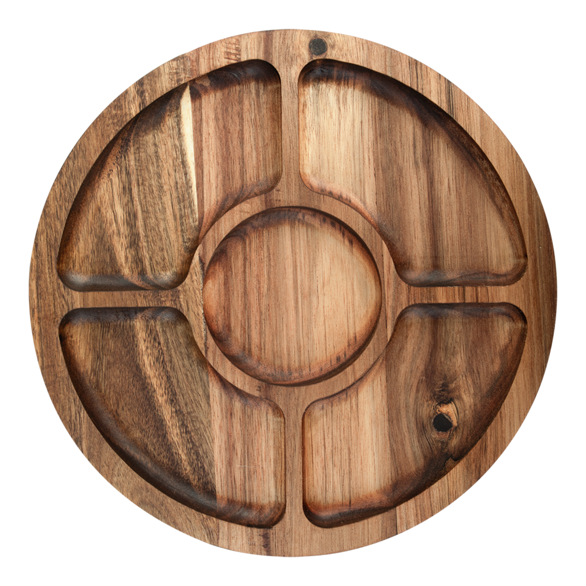 Alfresco Lane Acacia Wood 5 Compartment Round Grazing PLatter with Lid. Wooden tray with circular design on a white background