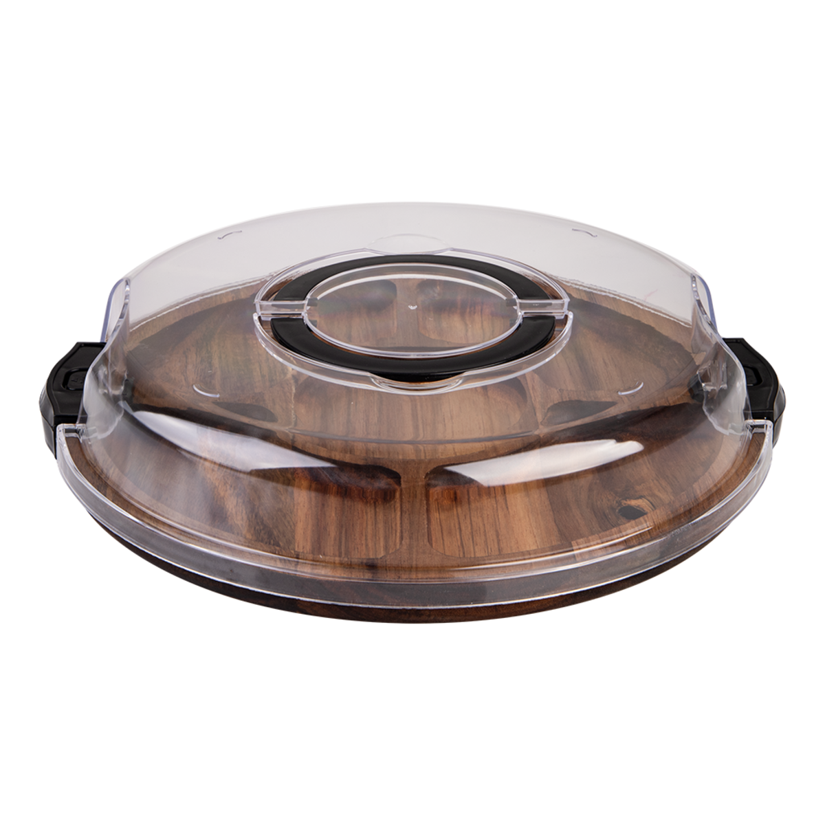 Alfresco Lane Acacia Wood 5 Compartment Round Grazing PLatter with Lid. Wooden cutting board with clear plastic lid on a white background