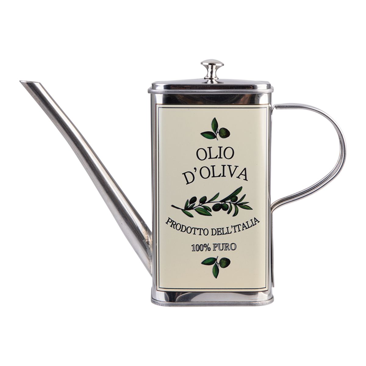 A stainless steel oil dispenser with a cream-colored front label reading 'OLIO D'OLIVA' and '100% PURO', featuring olive branch illustrations, on a clean white background.