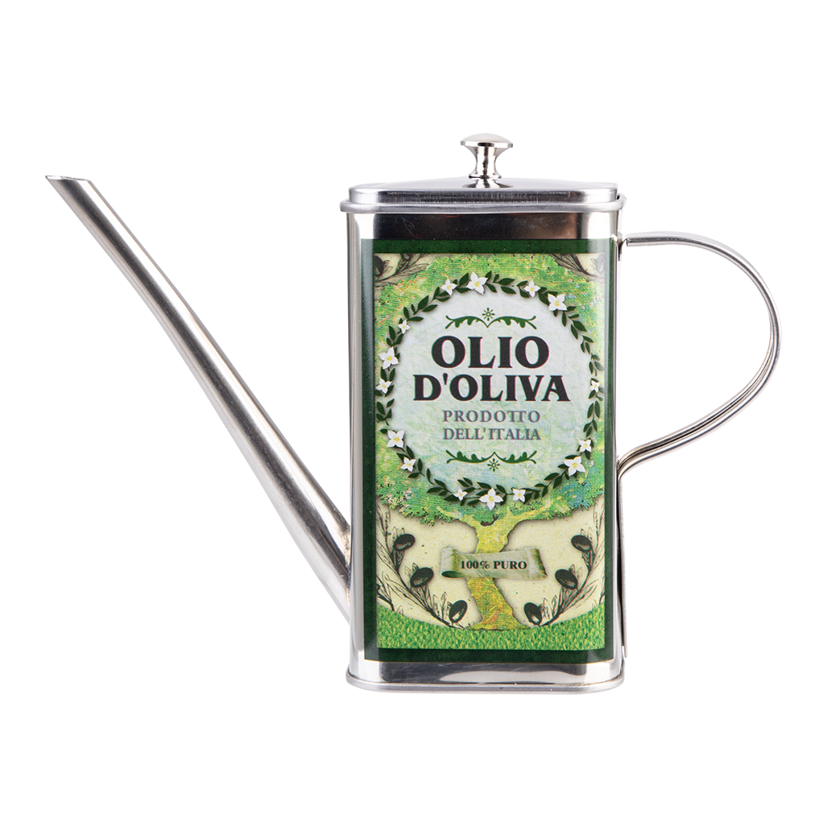 A stainless steel oil dispenser canister with a long spout, a side handle, and a green decorative label reading 'OLIO D'OLIVA' on a white background.