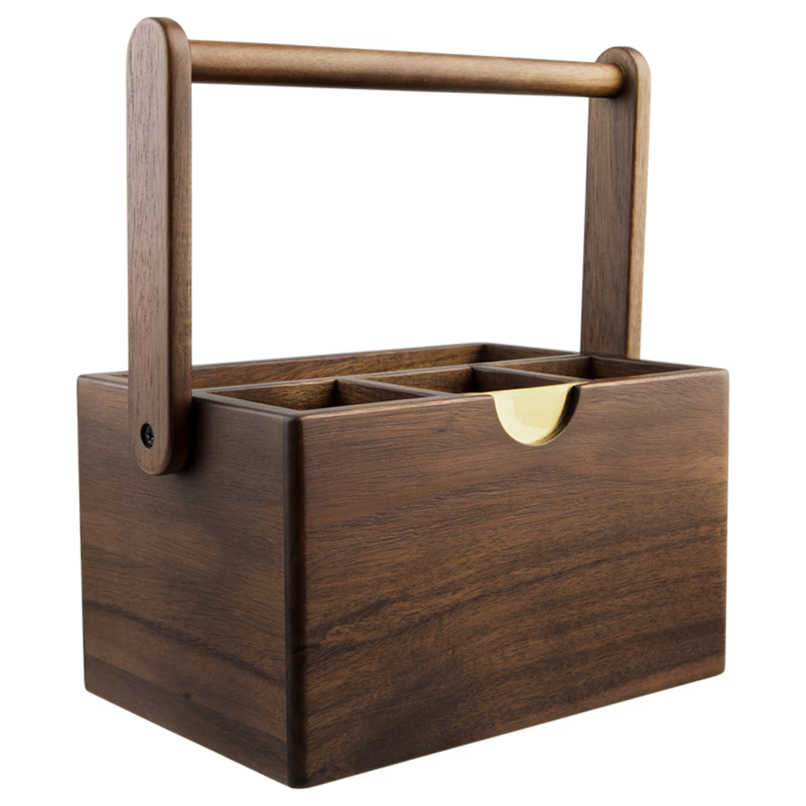 A dark brown wooden organizer box with a top handle, divided into compartments, featuring a small brass pull handle on the front.
