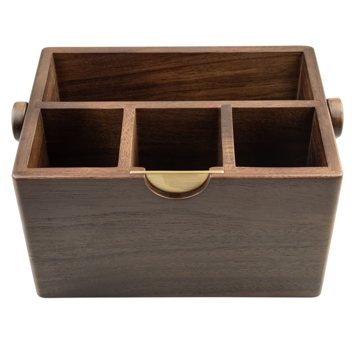 A dark brown wooden organizer box with three compartments and a small brass pull handle, shown on a plain white background.