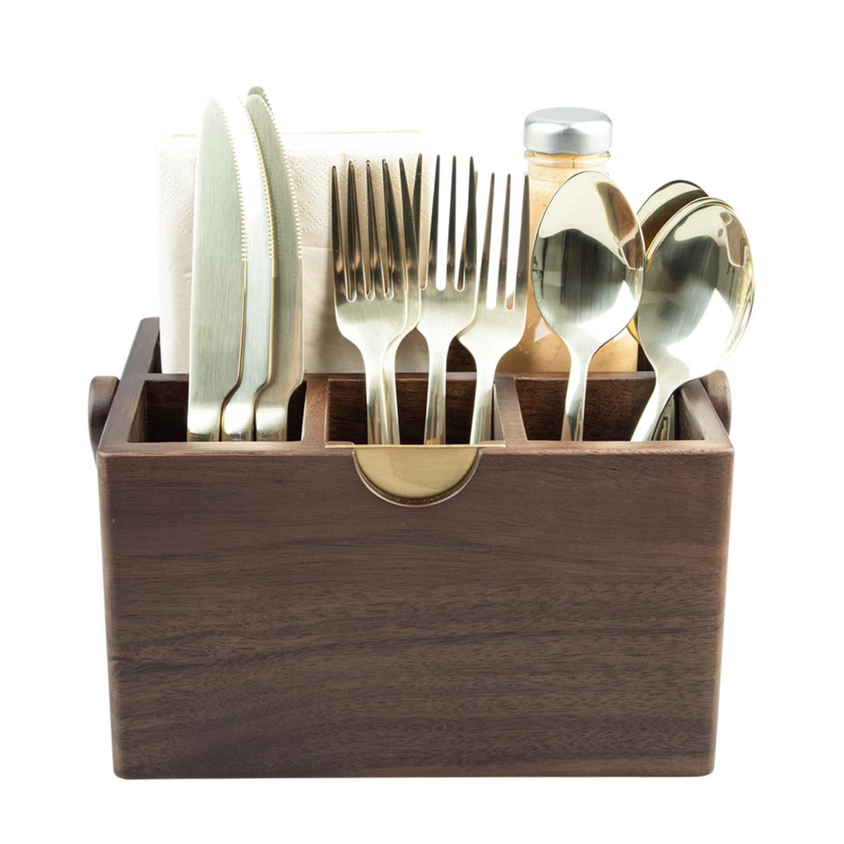 A dark brown wooden cutlery organizer holding silver-toned flatware, including forks, knives, and spoons, with a small bottle and napkins visible inside.