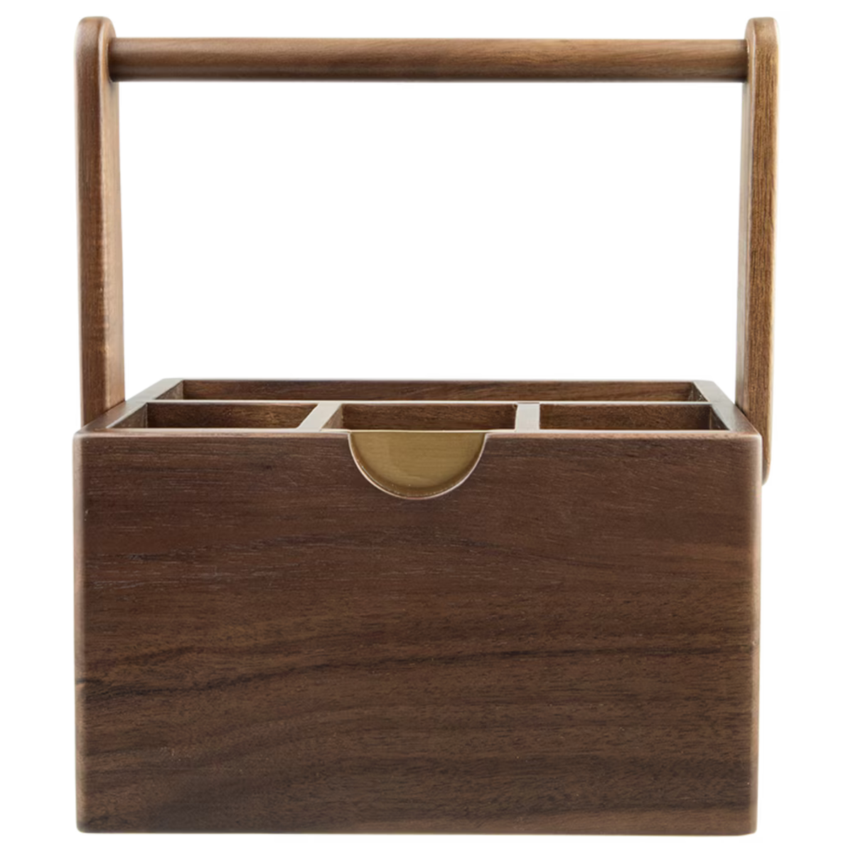 A dark brown wooden organizer box with a top handle, divided into compartments, featuring a small brass pull handle on the front.