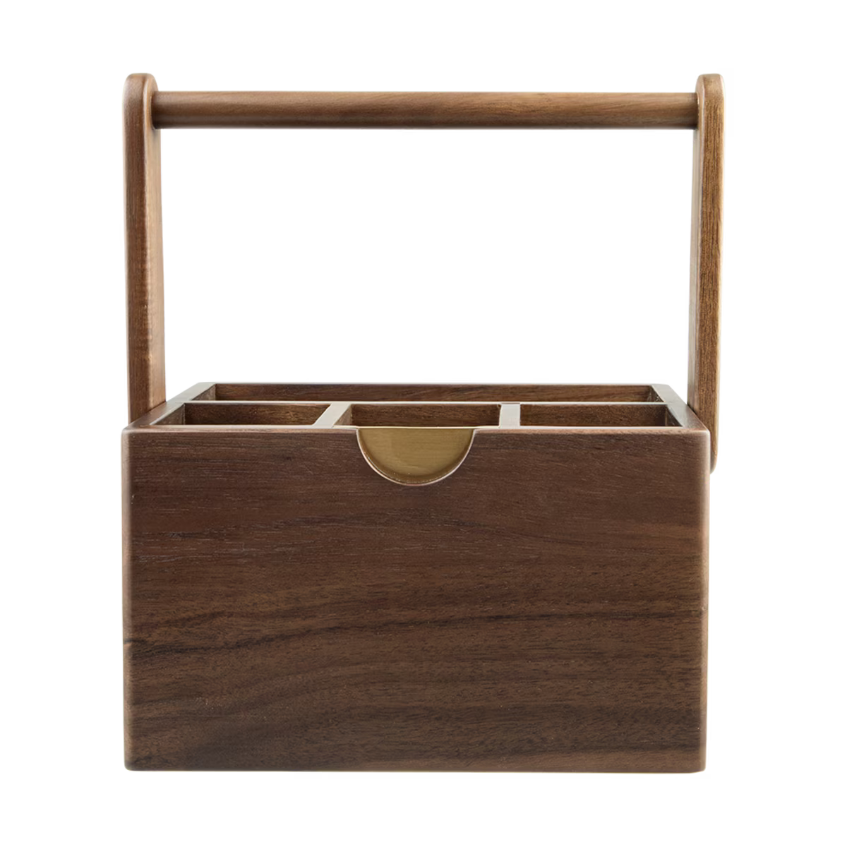 A dark brown wooden organizer box with a built-in handle, divided into multiple compartments, featuring a small brass pull-out drawer on the front, set against a plain white background.