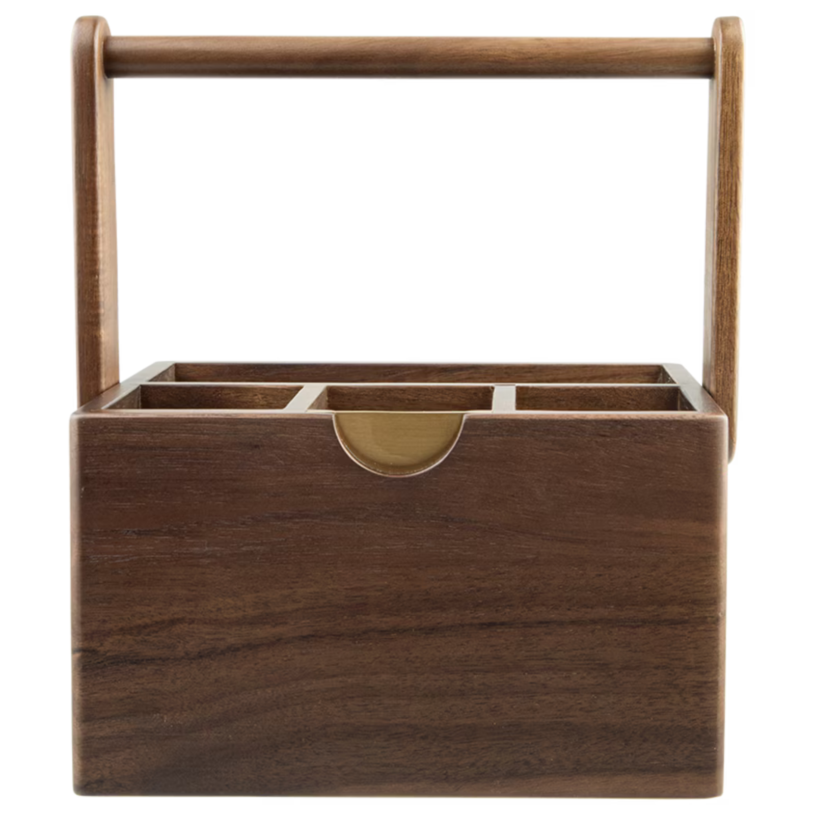 A dark brown wooden organizer box with a top handle, divided into compartments, featuring a small brass pull handle on the front.