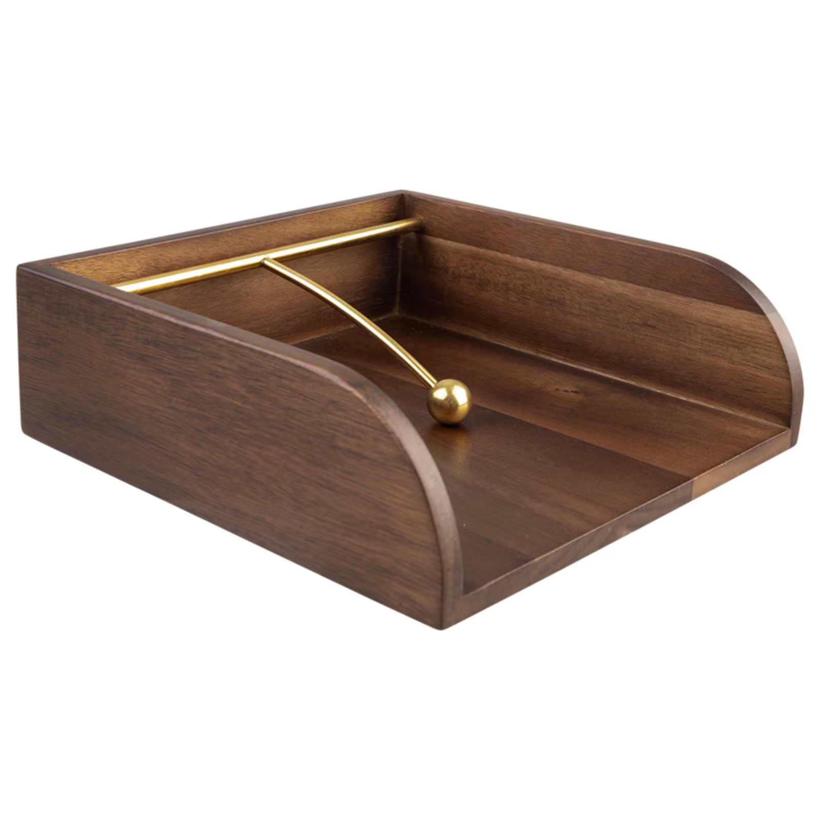 A dark brown wooden tray with a gold brass hanging rod and ball in the center, shown against a plain white background.