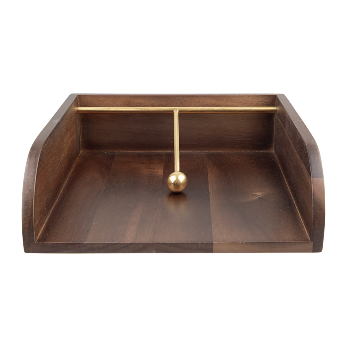 A dark brown wooden desk organizer tray with a gold metal horizontal bar and a central gold ball finial, shown on a plain white background.