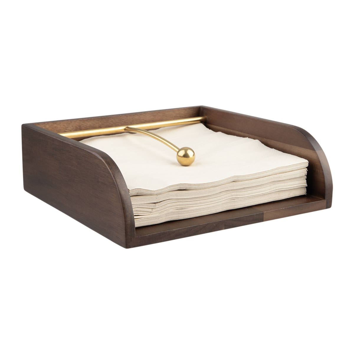 Dark brown wooden napkin holder with a curved front, holding a stack of cream-colored paper napkins and a gold metal rod with a decorative ball finial, shown on a plain white background.