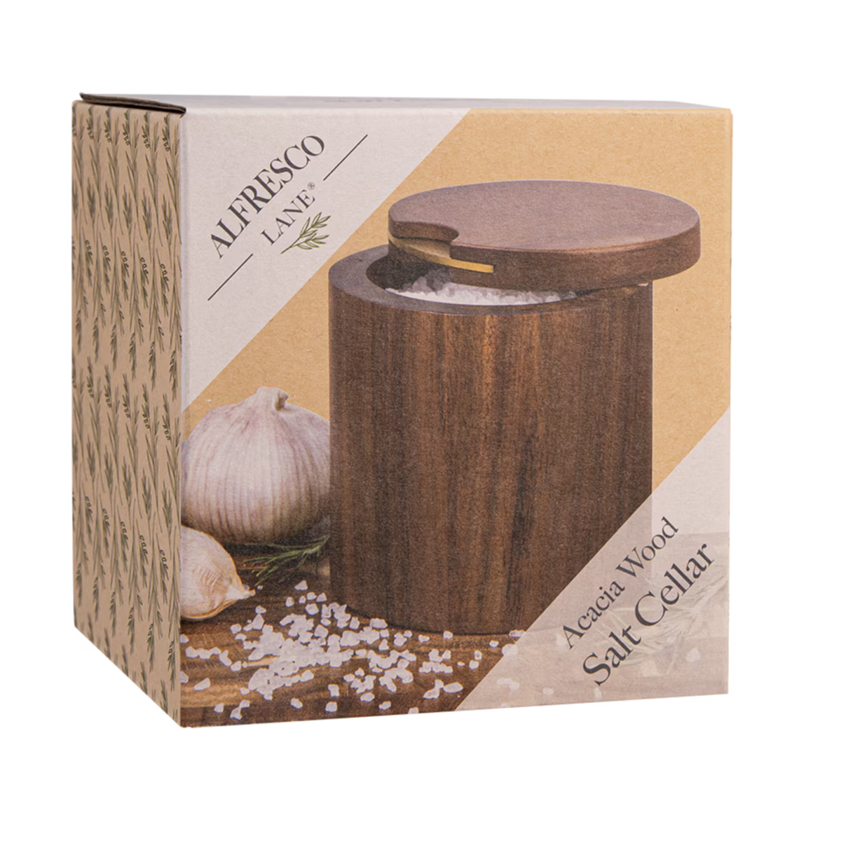 Alfresco Lane Acacia Wood Salt Cellar in its retail packaging, featuring a cylindrical wooden container with a hinged lid and a printed box design showing garlic and coarse salt.