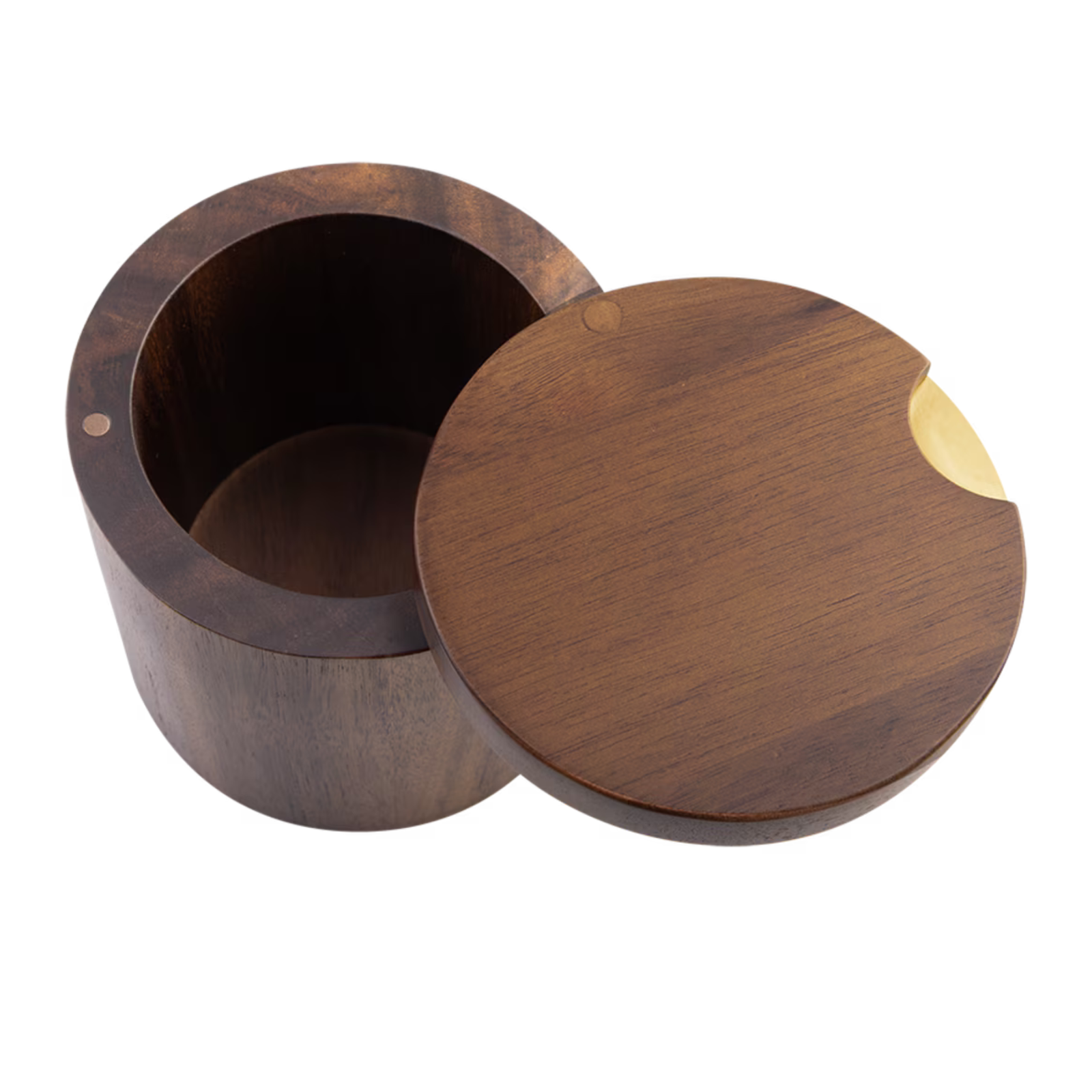 A round wooden box with its lid off, showing a dark brown wood grain interior and exterior, with a small brass accent on the lid.