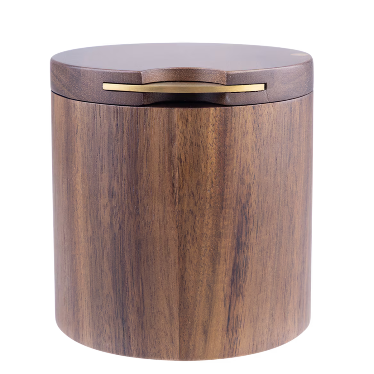 A cylindrical wooden storage box with a matching lid, featuring a warm brown wood grain finish and a polished brass handle on the lid, set against a plain white background.