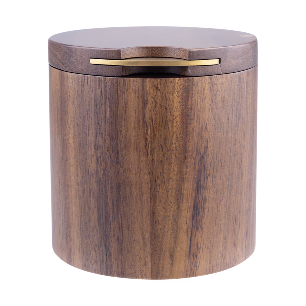 A cylindrical wooden storage container with a matching lid, featuring a warm brown wood grain finish and a polished brass handle on a white background.