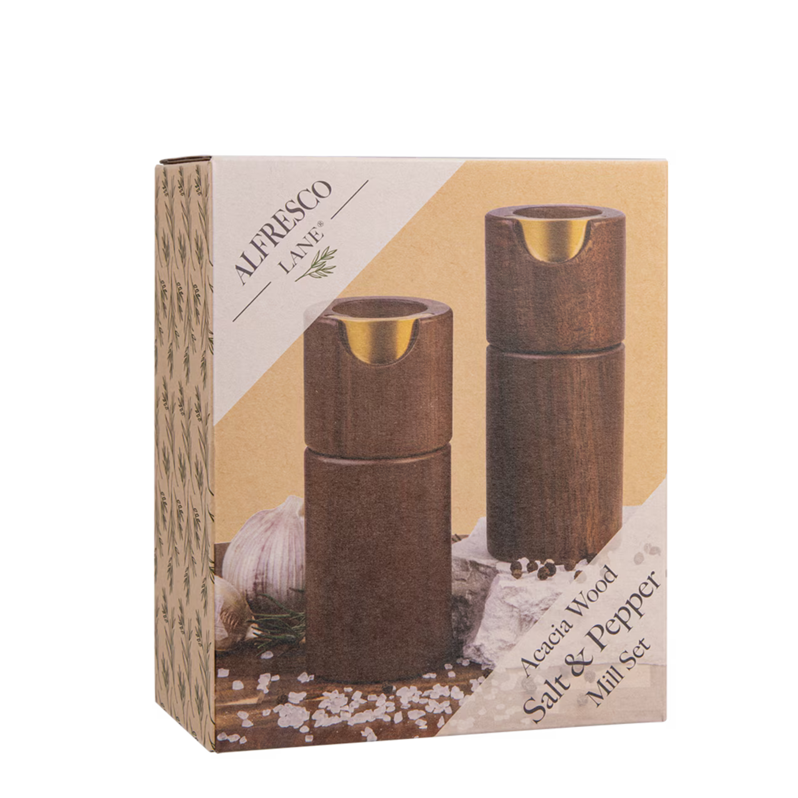 A boxed set of two wooden salt and pepper mills in a warm brown finish with gold-toned metal tops, shown in its retail packaging on a white background.