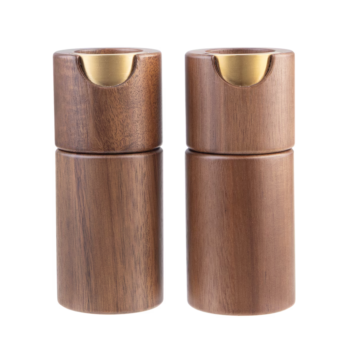 Two cylindrical wooden ashtrays with a warm brown wood grain finish and a polished gold metal notch at the top, shown side by side on a plain white background.