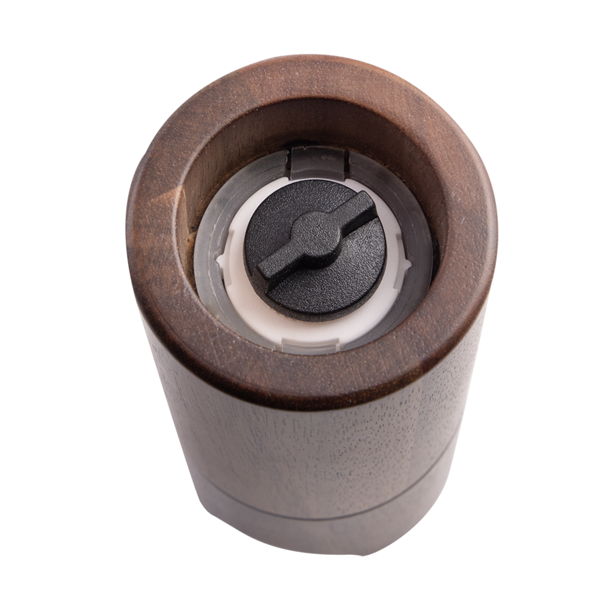 A close-up top-down view of a cylindrical wooden container or grinder with a dark brown wood-grain finish, a black central cap, and a white inner ring, isolated on a white background.