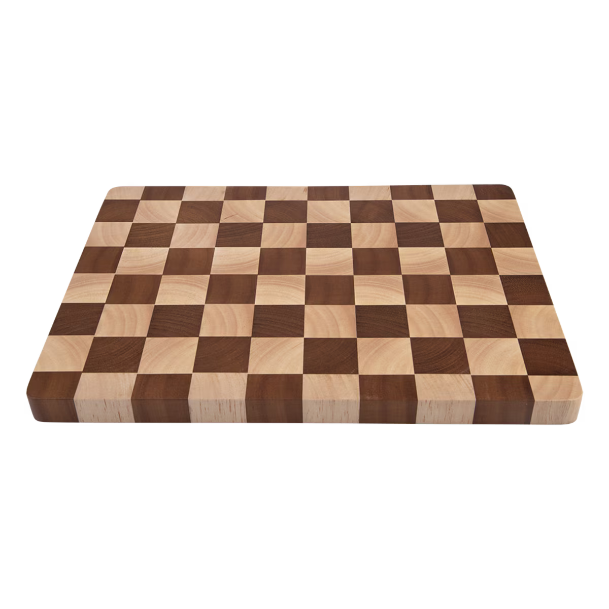 A rectangular wooden cutting board with a classic checkered pattern of dark brown and light tan wood squares, shown from a high angle on a white background.