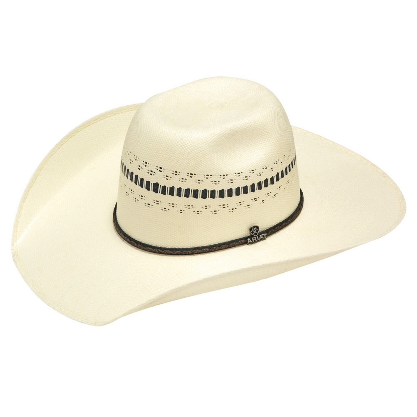 A white Ariat Punchy Bangora cowboy hat with a patterned band designed for both men and women.