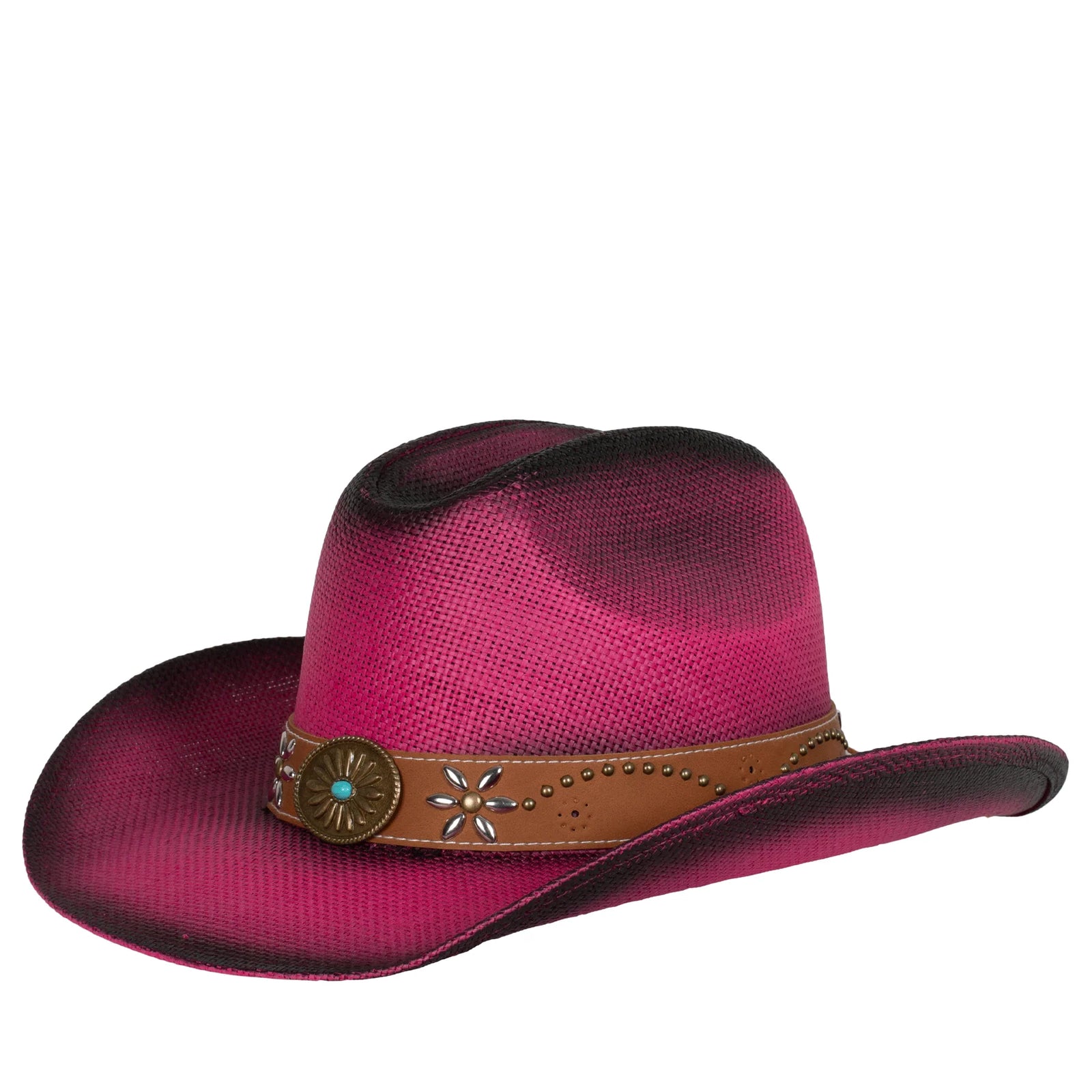 Pink cowboy hat with a brown band and decorative elements on a white background