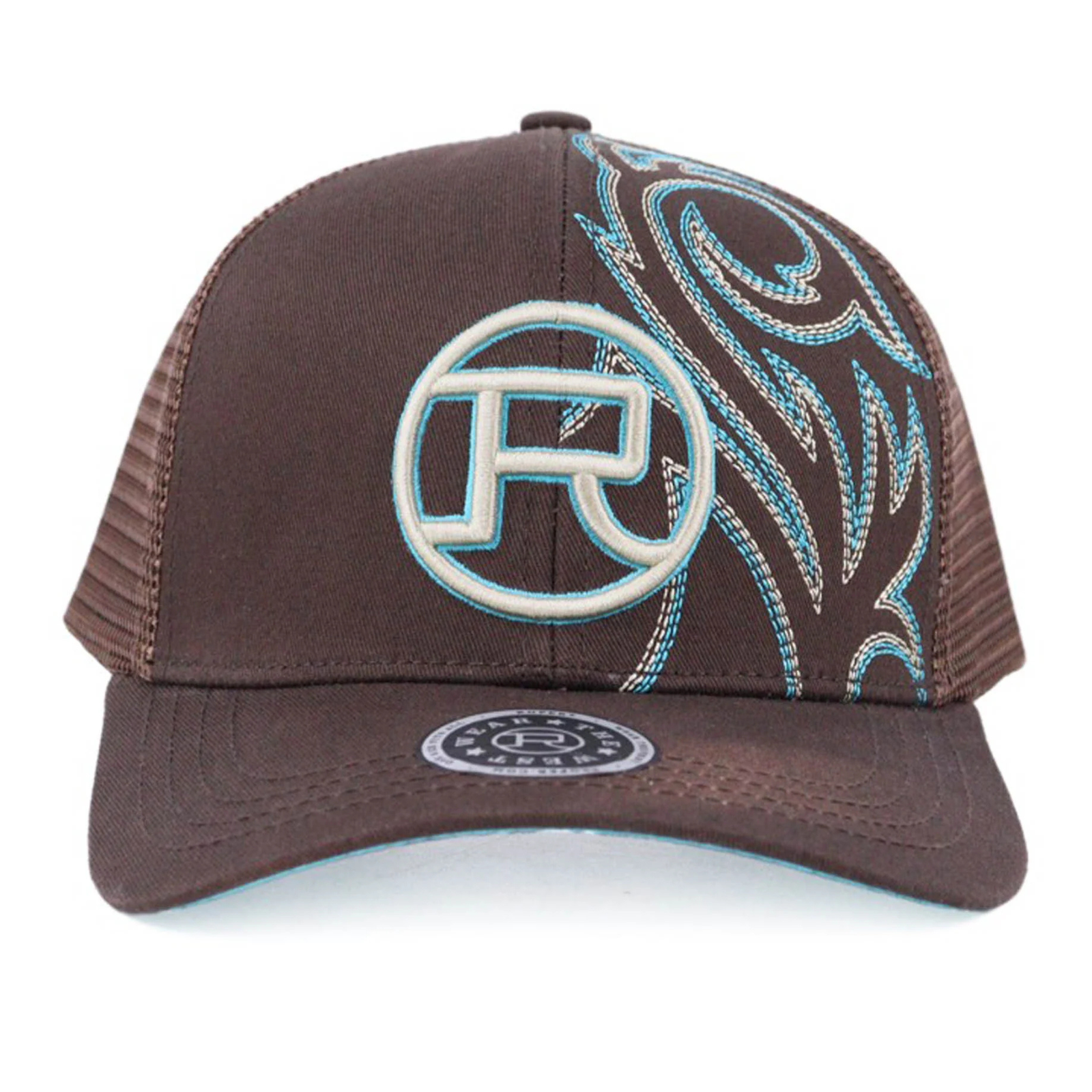 Roper Women's Trucker Cap. Brown trucker cap with decorative patterns and a logo on a white background