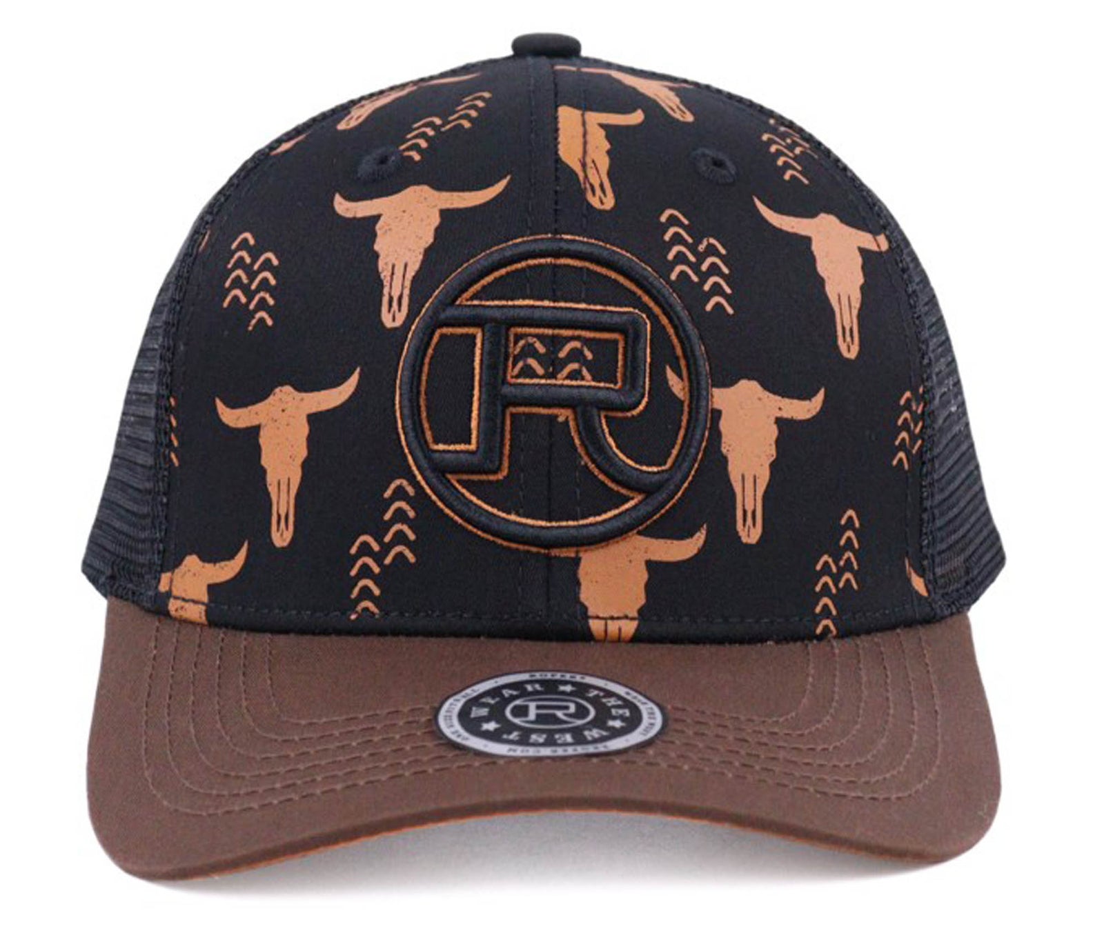 Roper Women's Trucker Cap. Black cap with brown bull head pattern and logo on a white background