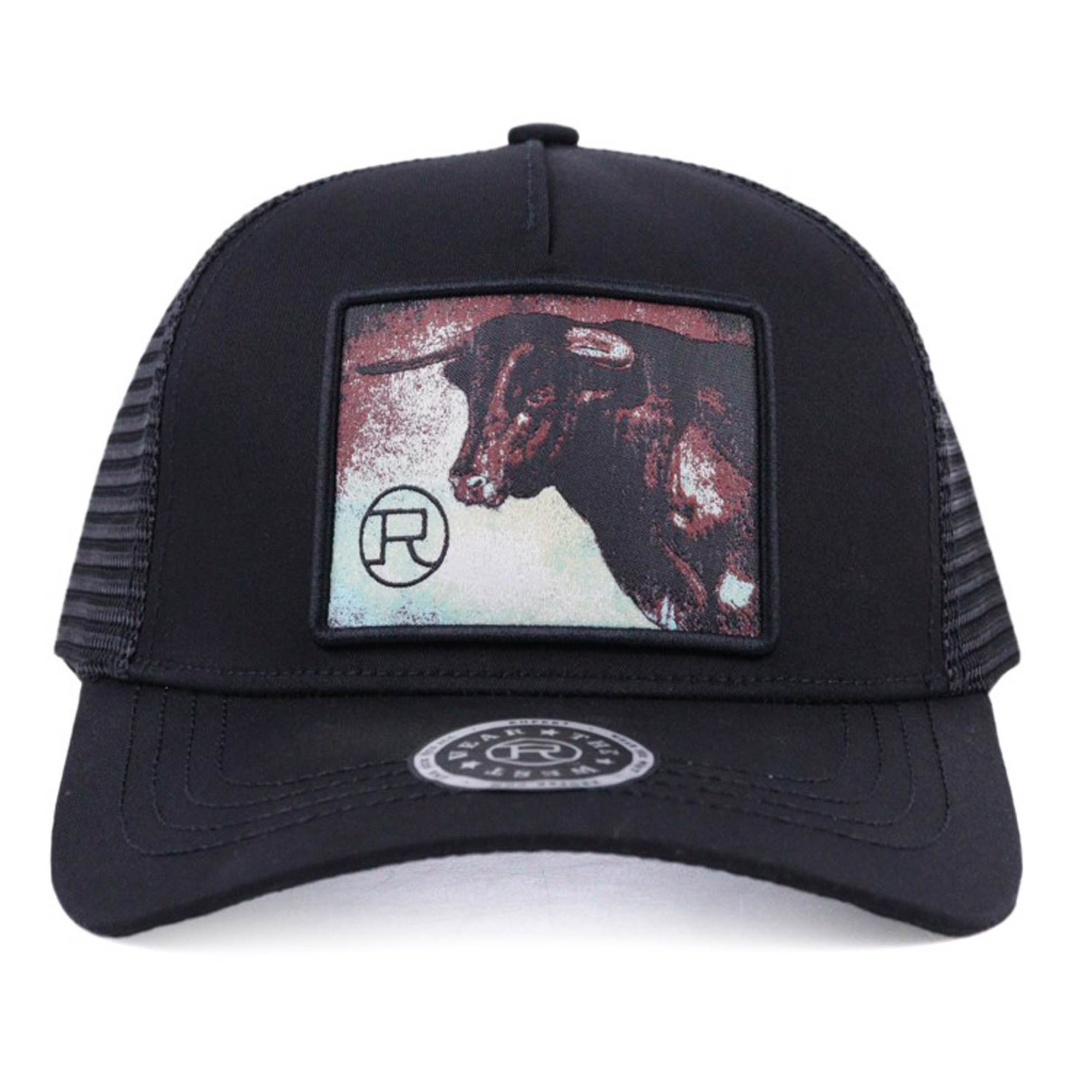 Roper Men's Trucker Cap. Black trucker cap with a graphic of a dog and a logo on a white background