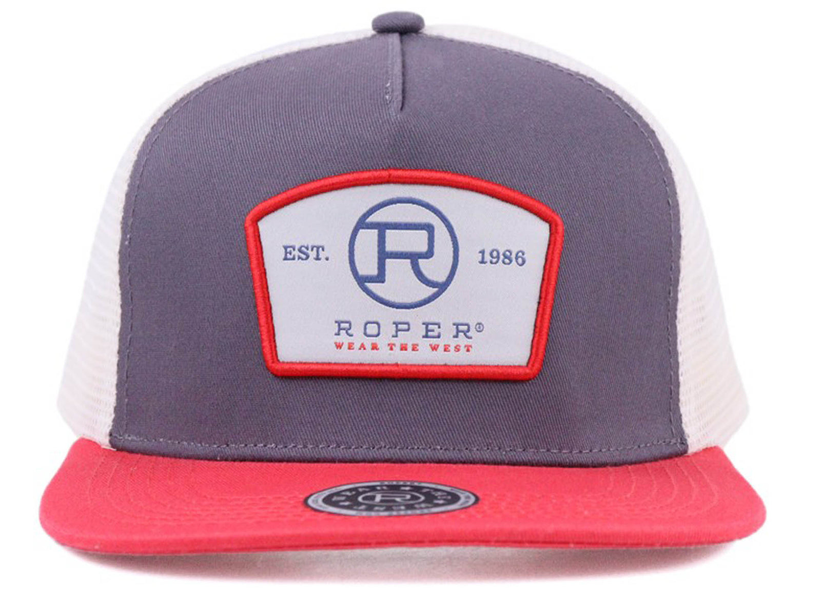 Roper Men's Trucker Cap. Gray and red cap with Roper logo on a white background