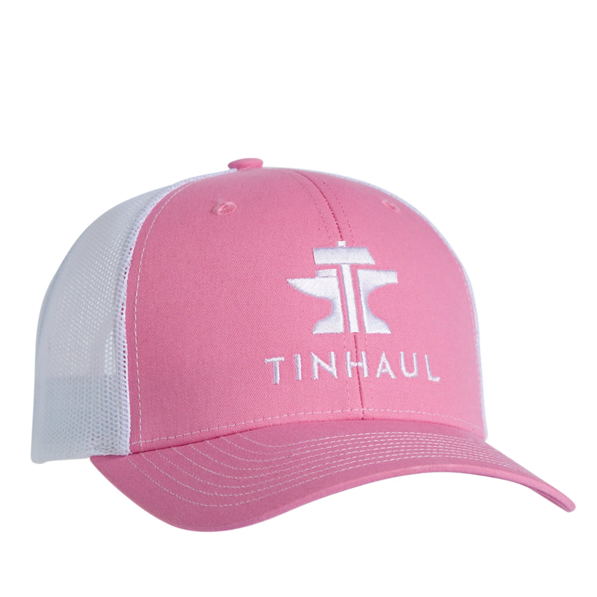 Pink and white cap with 'TINHAUL' logo on a white background
