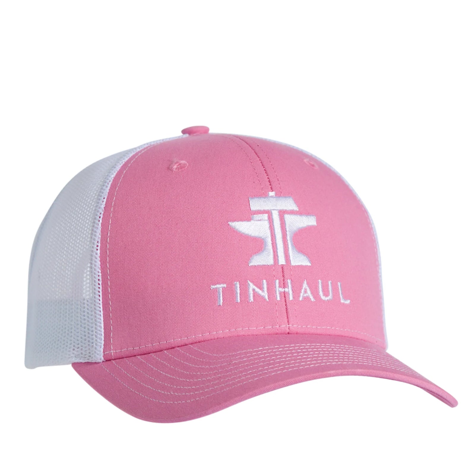 Pink and white cap with 'TINHAUL' logo on a white background